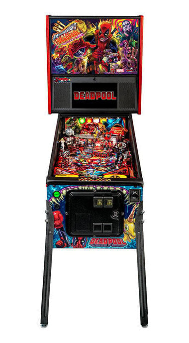 Pinball machine themed after the superhero character Deadpool on a white background