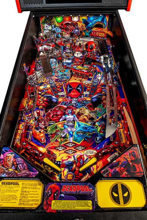 Pinball machine with Deadpool theme on a white background