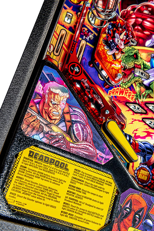 Pinball machine with Deadpool artwork and details