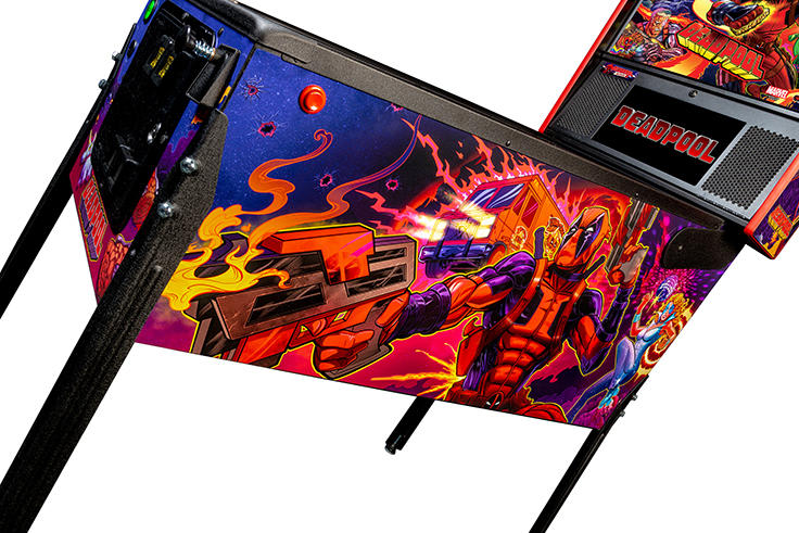 Colorful pinball machine with vibrant deadpool graphics on a white background