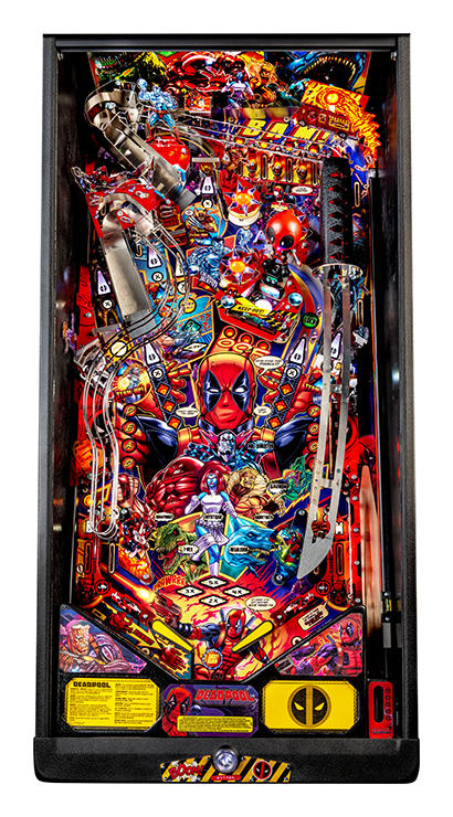 Colorful Deadpool pinball machine with various characters and vibrant lights