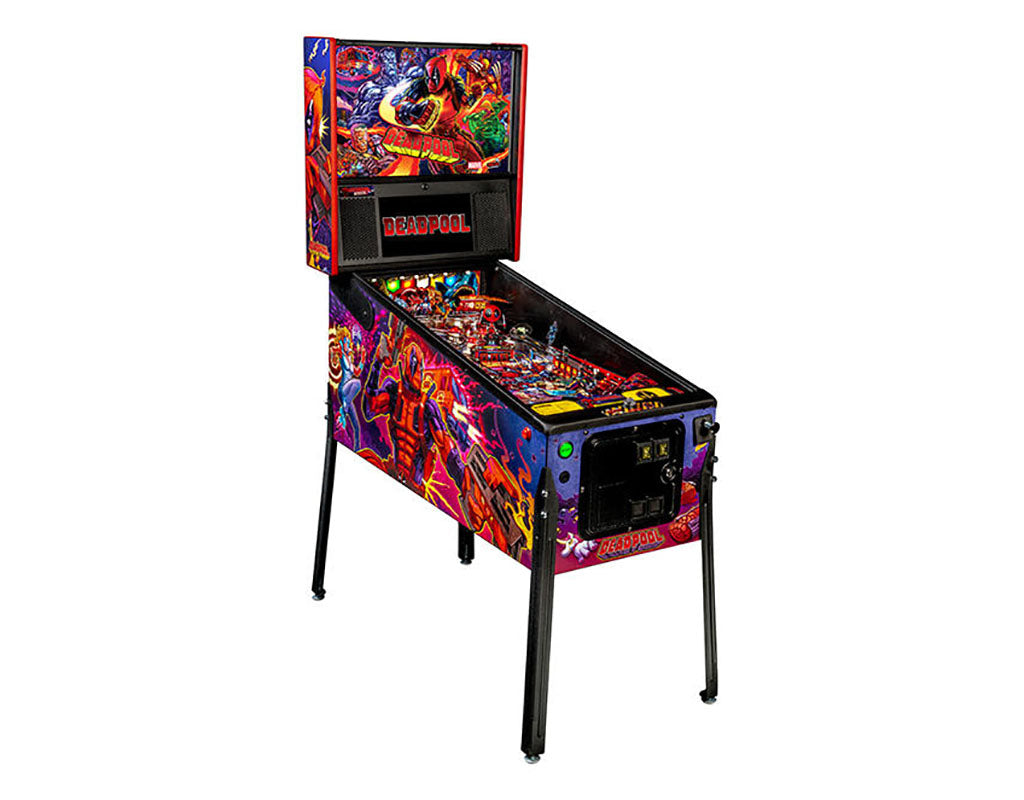 Colorful Deadpool pinball machine on a white background
