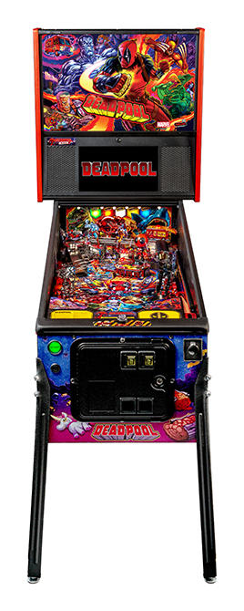 Pinball machine with Deadpool theme on a white background