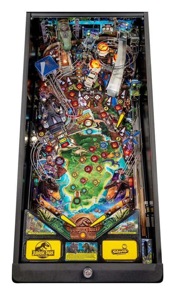 Pinball machine with 'Jurassic Park' theme and Stern logo