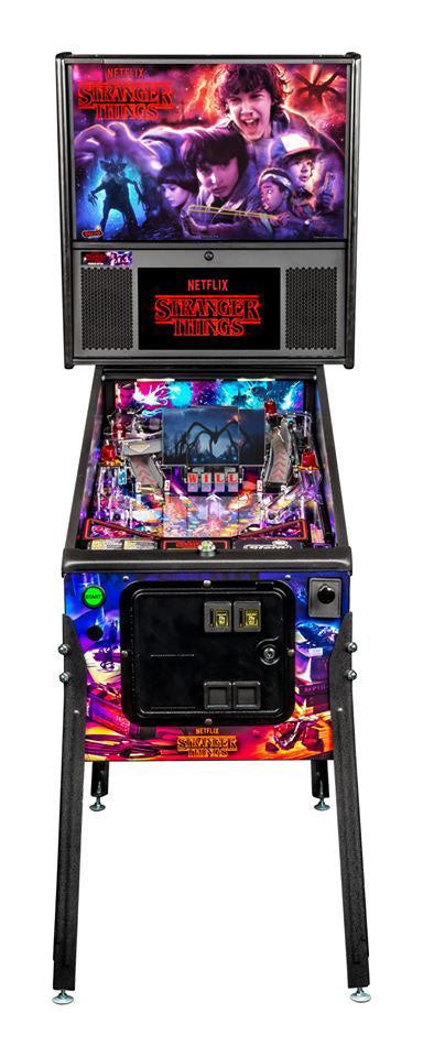Pinball machine with 'Stranger Things' theme on a white background