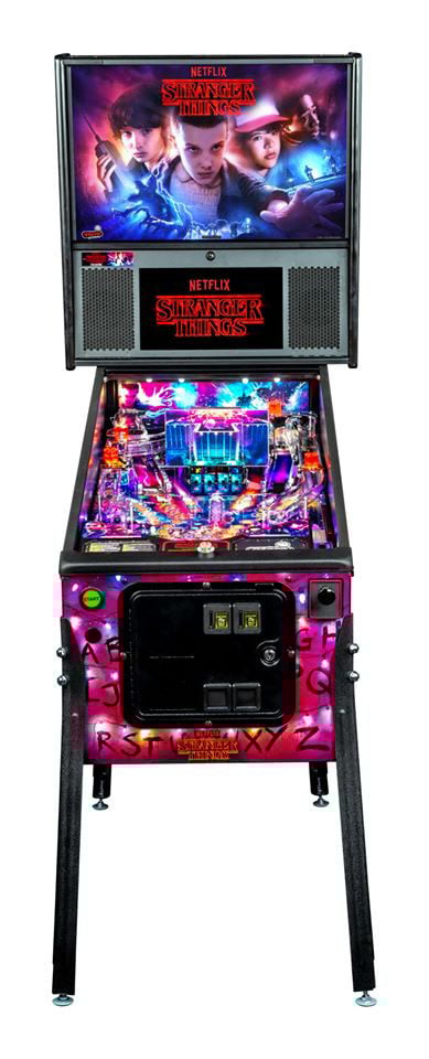 Pinball machine with 'Stranger Things' theme on a white background