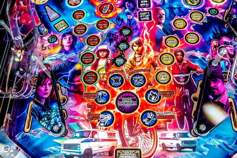 Colorful pinball machine with characters and game elements