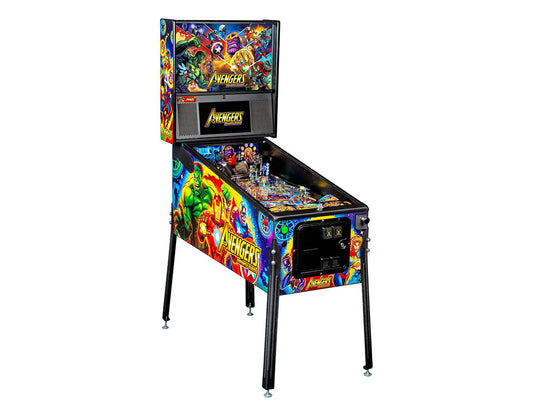 Colorful pinball machine with 'Avengers' theme on a white background