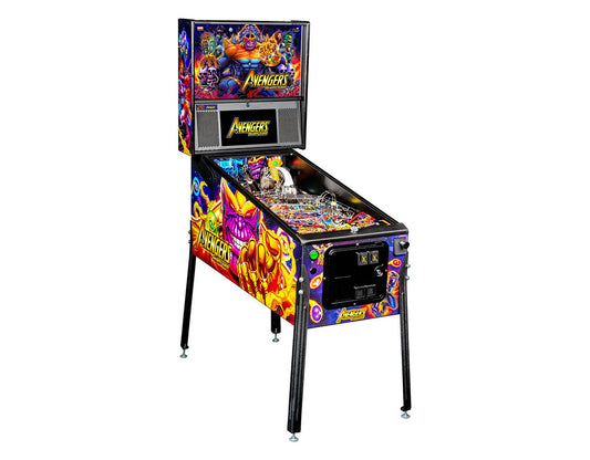 Pinball machine with colorful design featuring superhero characters on a white background