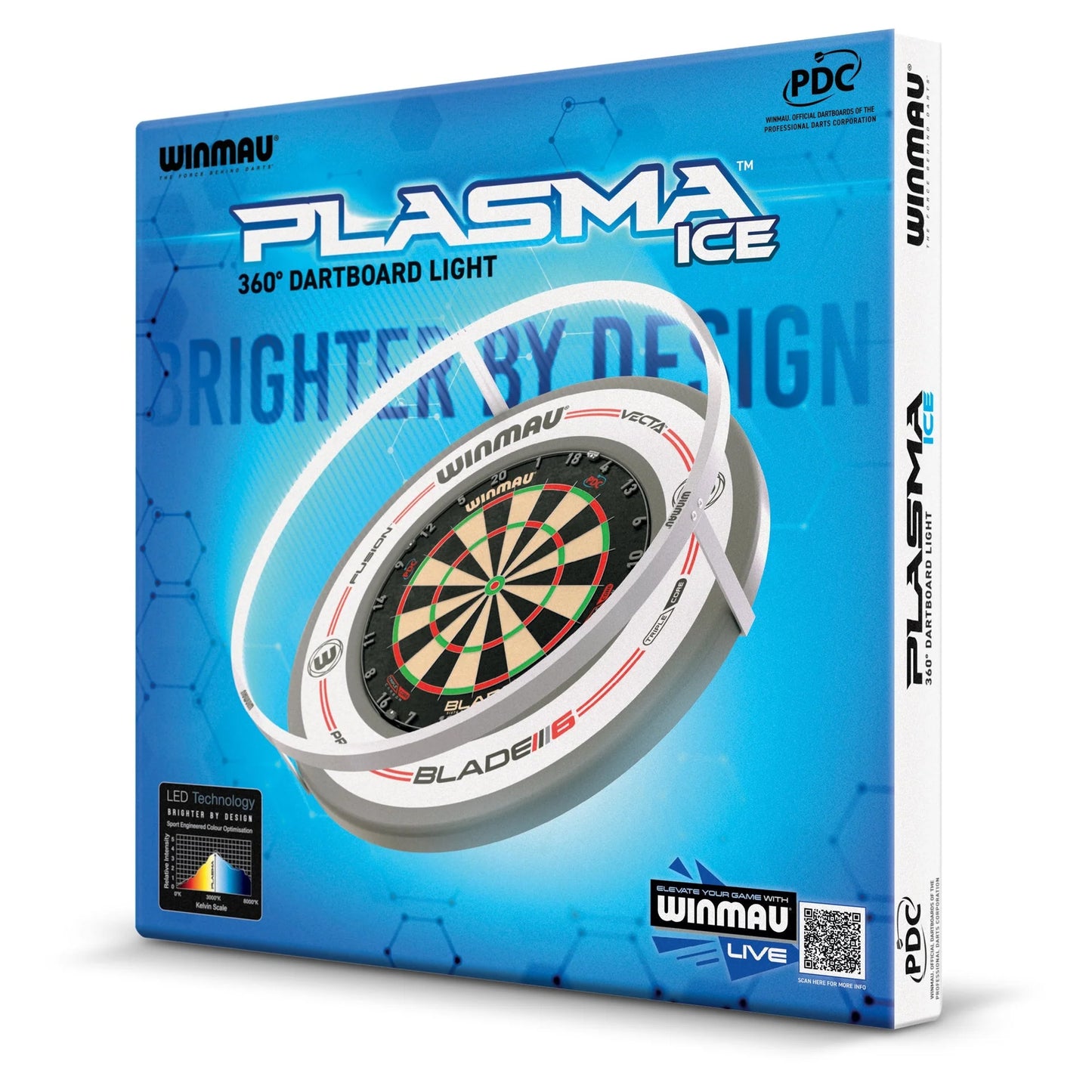Winmau Plasma Ice dartboard light packaging on a white background