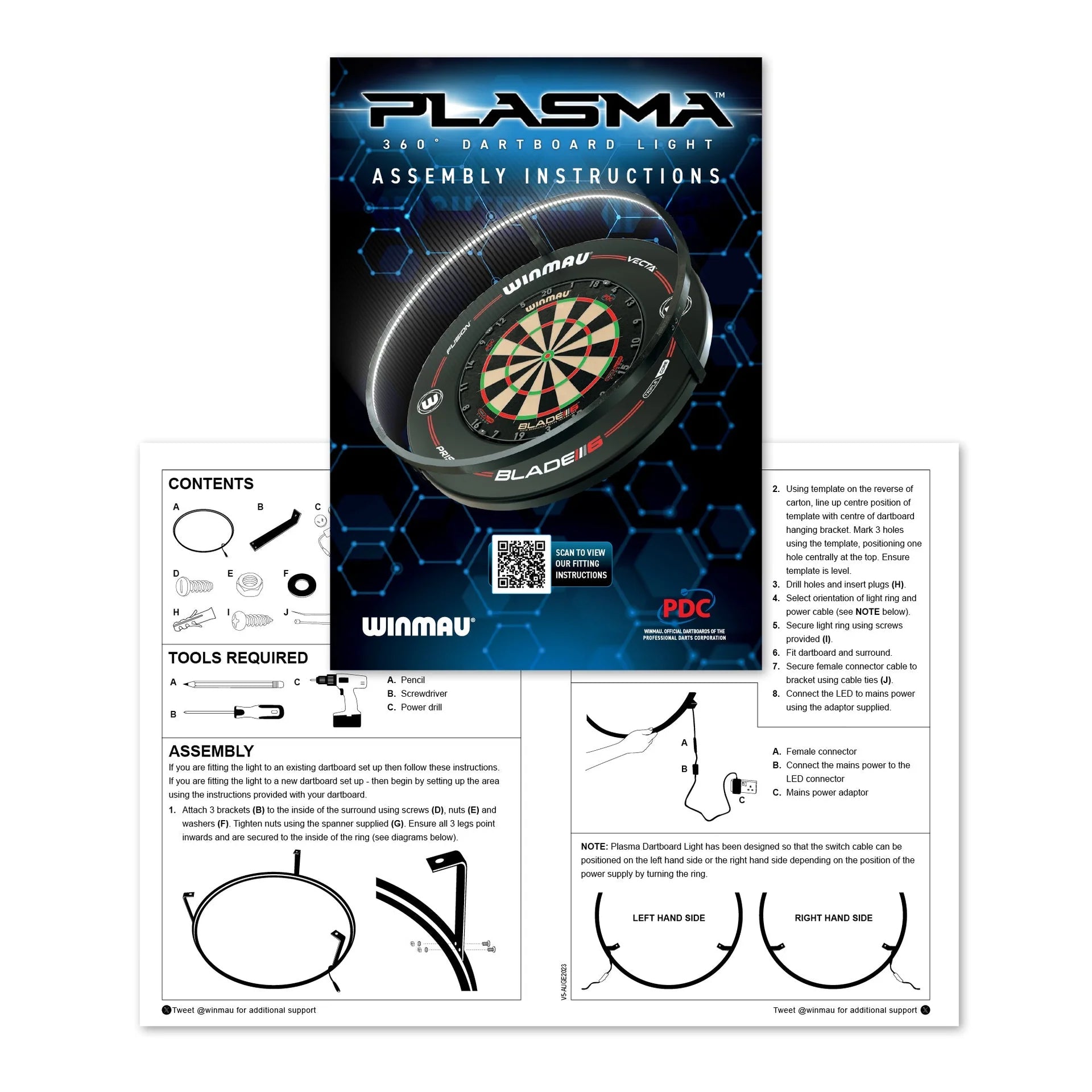 Winmau Plasma dartboard light assembly instructions with diagram and QR code on a white background