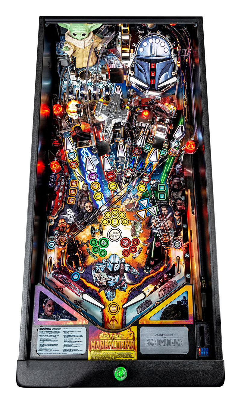 Pinball machine with colorful design and characters on a white background
