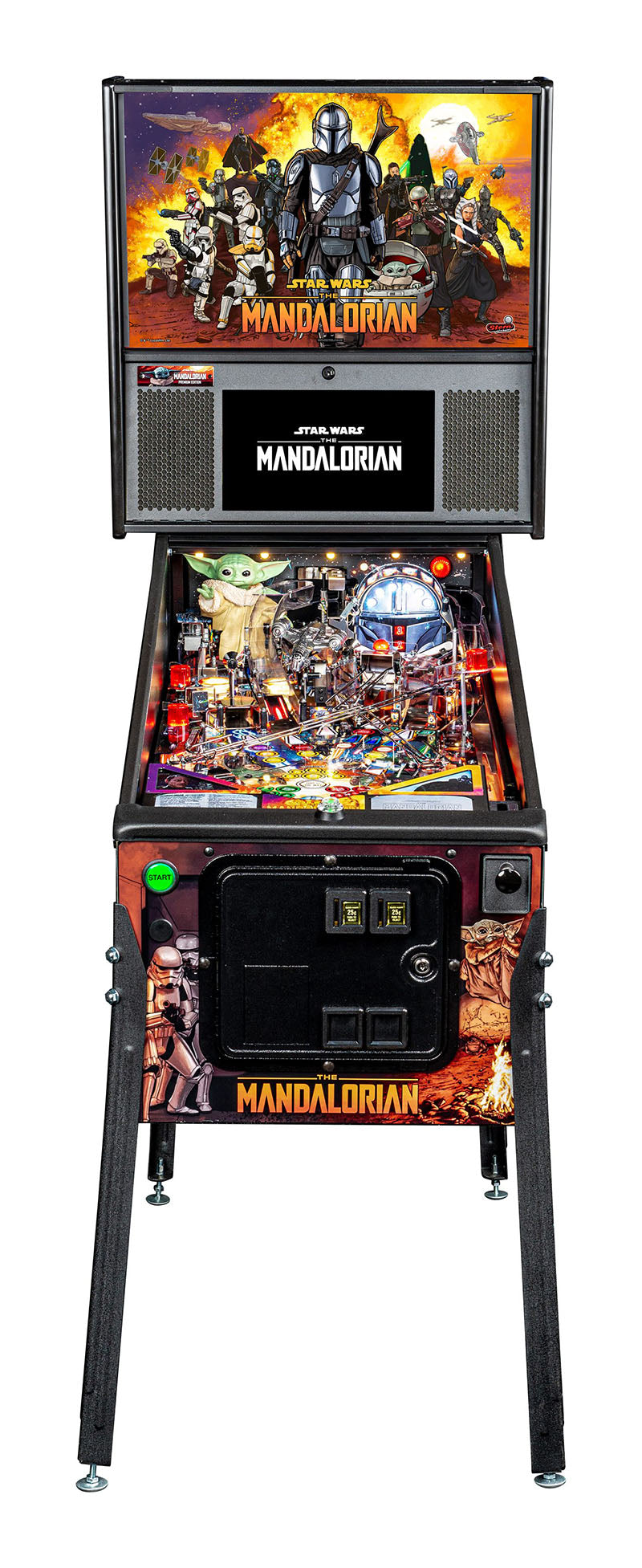 Pinball machine themed after 'The Mandalorian' with colorful artwork and characters.