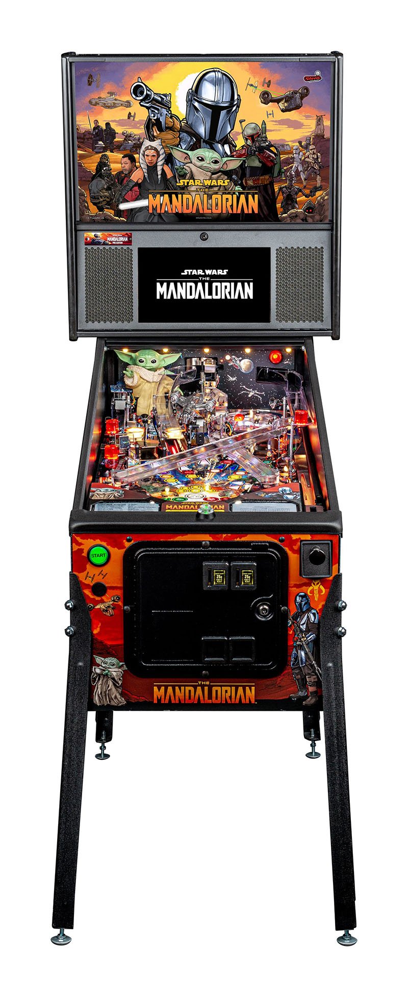Pinball machine themed after The Mandalorian with colorful artwork on the screen.