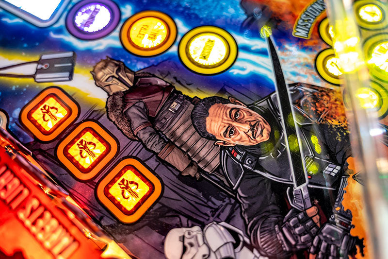 Pinball machine with character holding a sword and glowing symbols