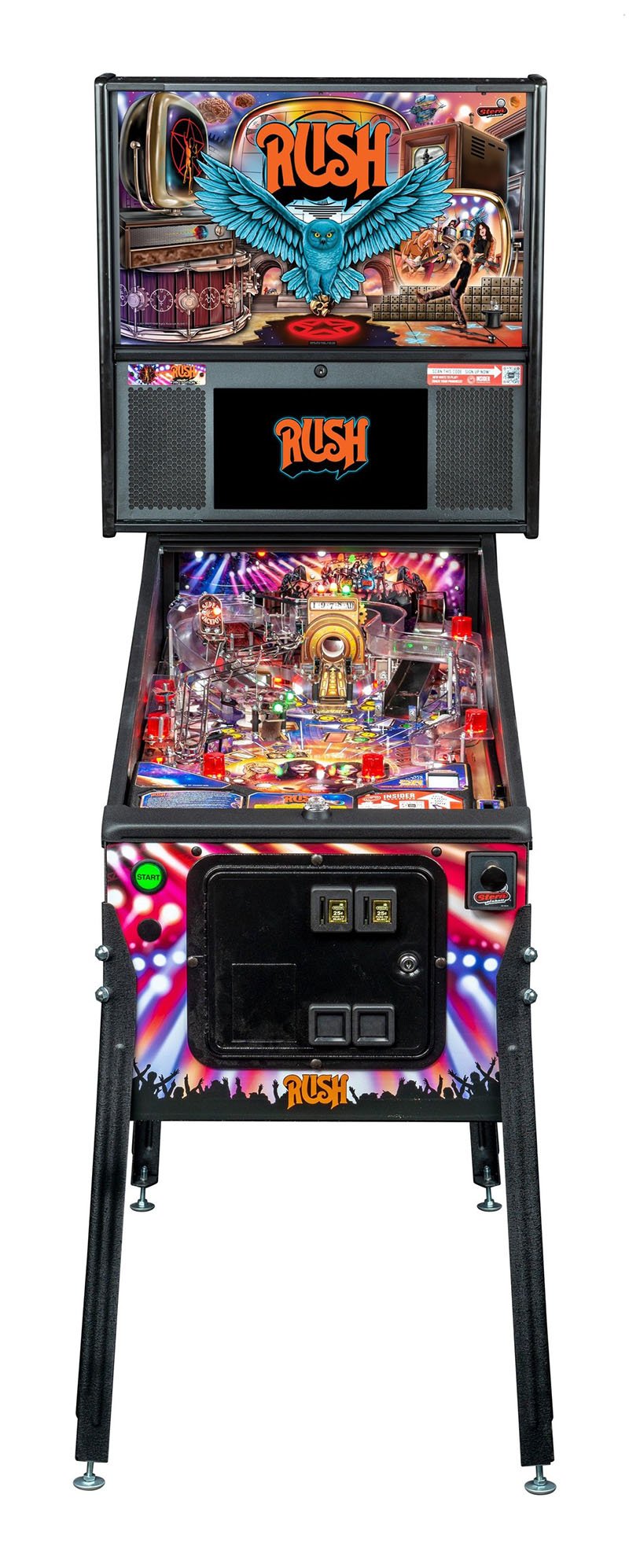 Pinball machine with 'Rush' branding on a white background