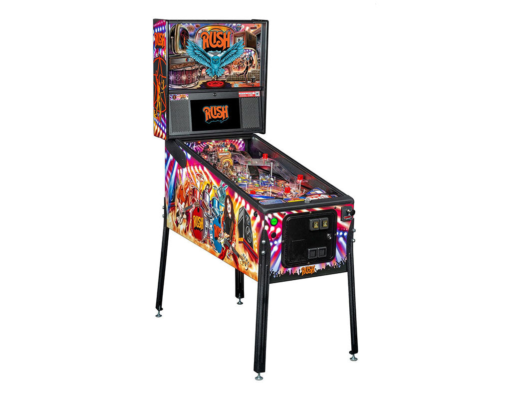Pinball machine with 'Rush' branding on a white background
