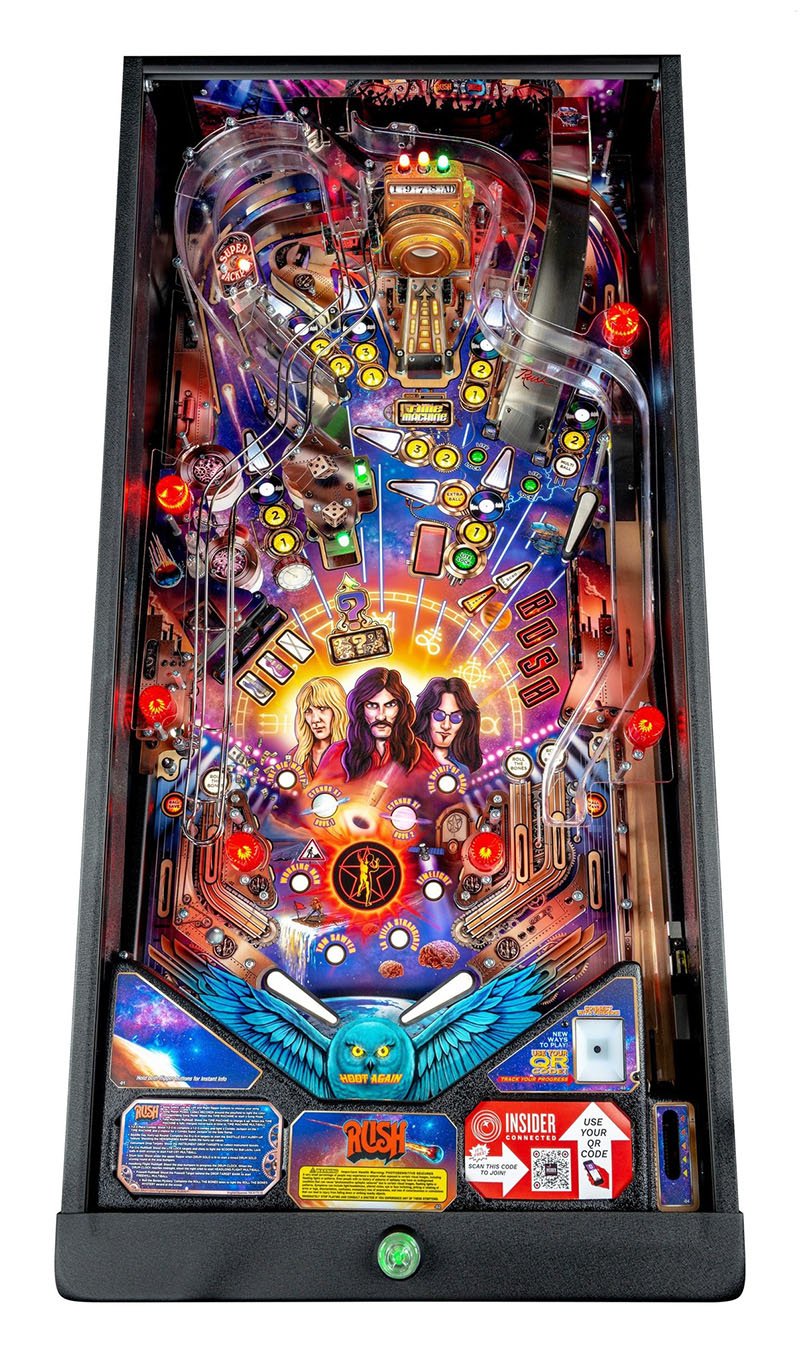 Colourful pinball machine with detailed artwork on a white background