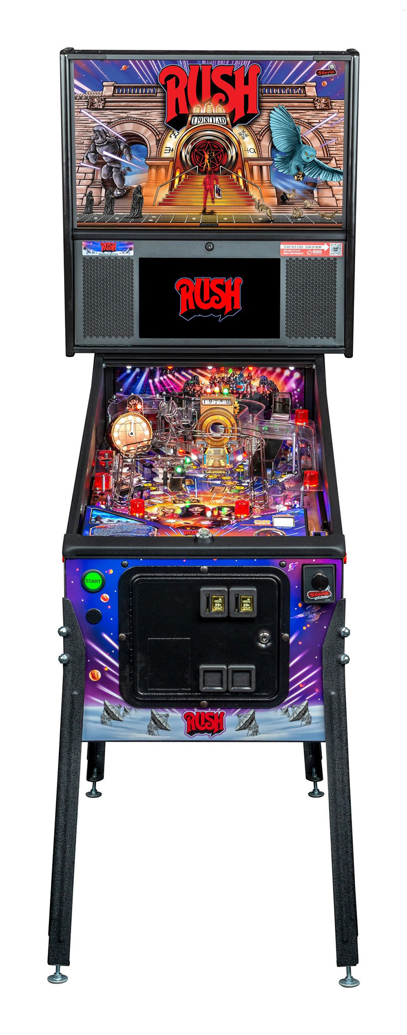 Pinball machine with 'Rush' branding on a white background