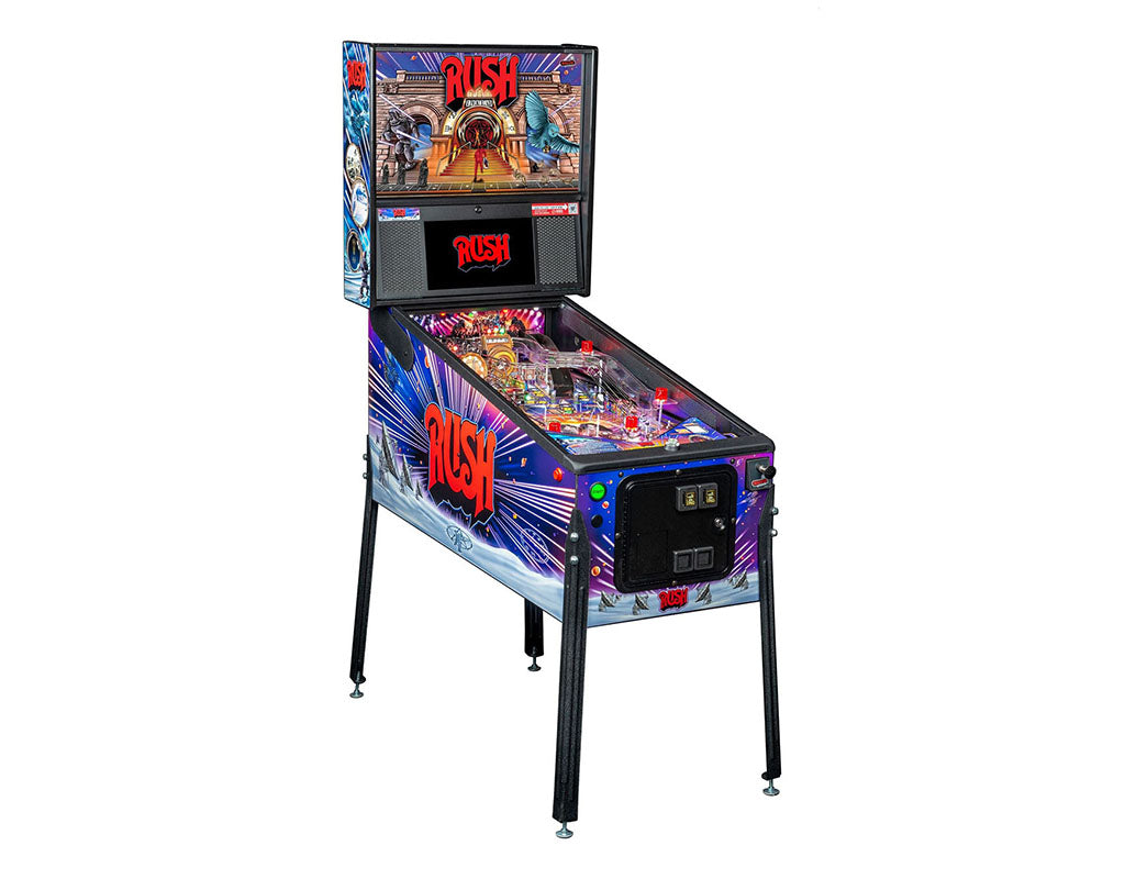 Pinball machine with 'Rush' branding on a white background