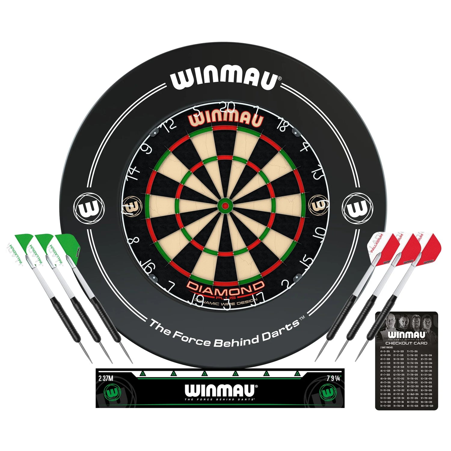Winmau dartboard with darts and accessories on a white background