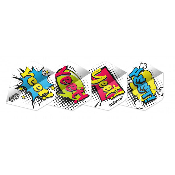 Four colorful stickers with 'Yeeh' text on a white background