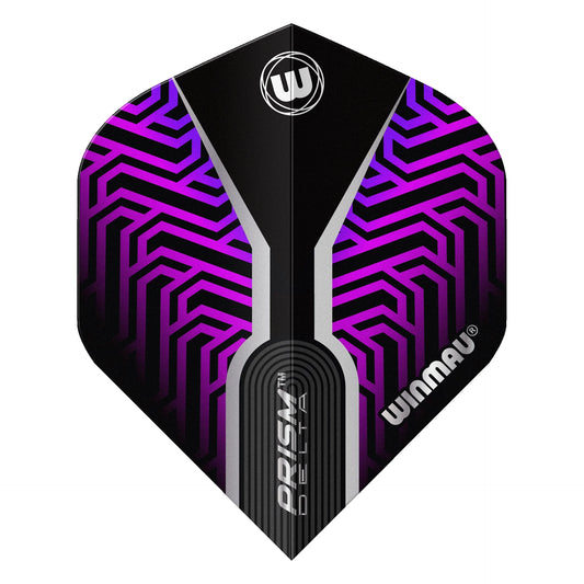 Dart flight with purple and black pattern on a white background