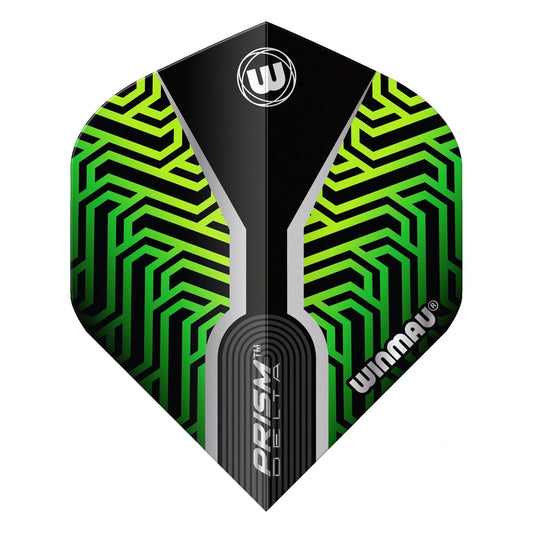 Winmau dart flight with green and black pattern on a white background