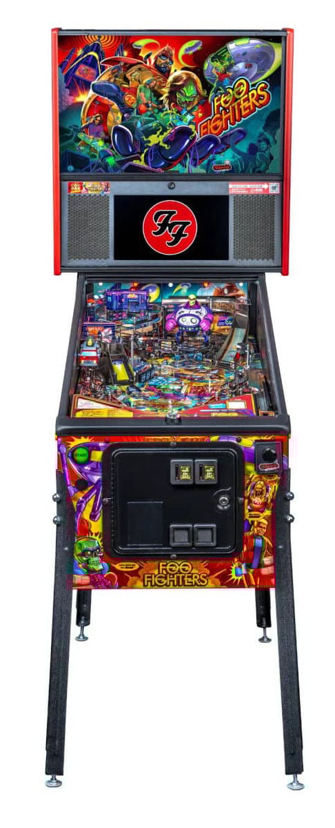 Pinball machine with colorful design and 'Foo Fighters' branding on a white background