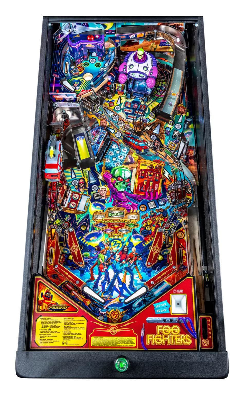 Pinball machine with 'Foo Fighters' branding on a white background