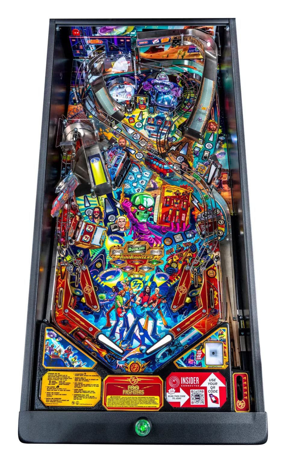Colorful pinball machine with various symbols and lights on a white background