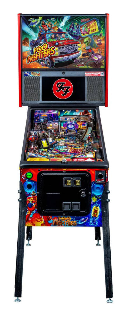 Pinball machine with colorful artwork and 'Foo Fighters' logo on a white background