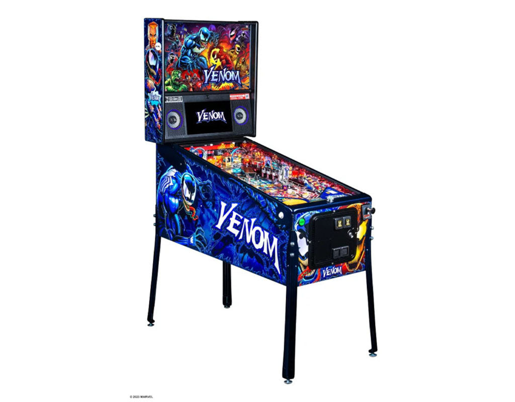 Venom-themed pinball machine on a white background