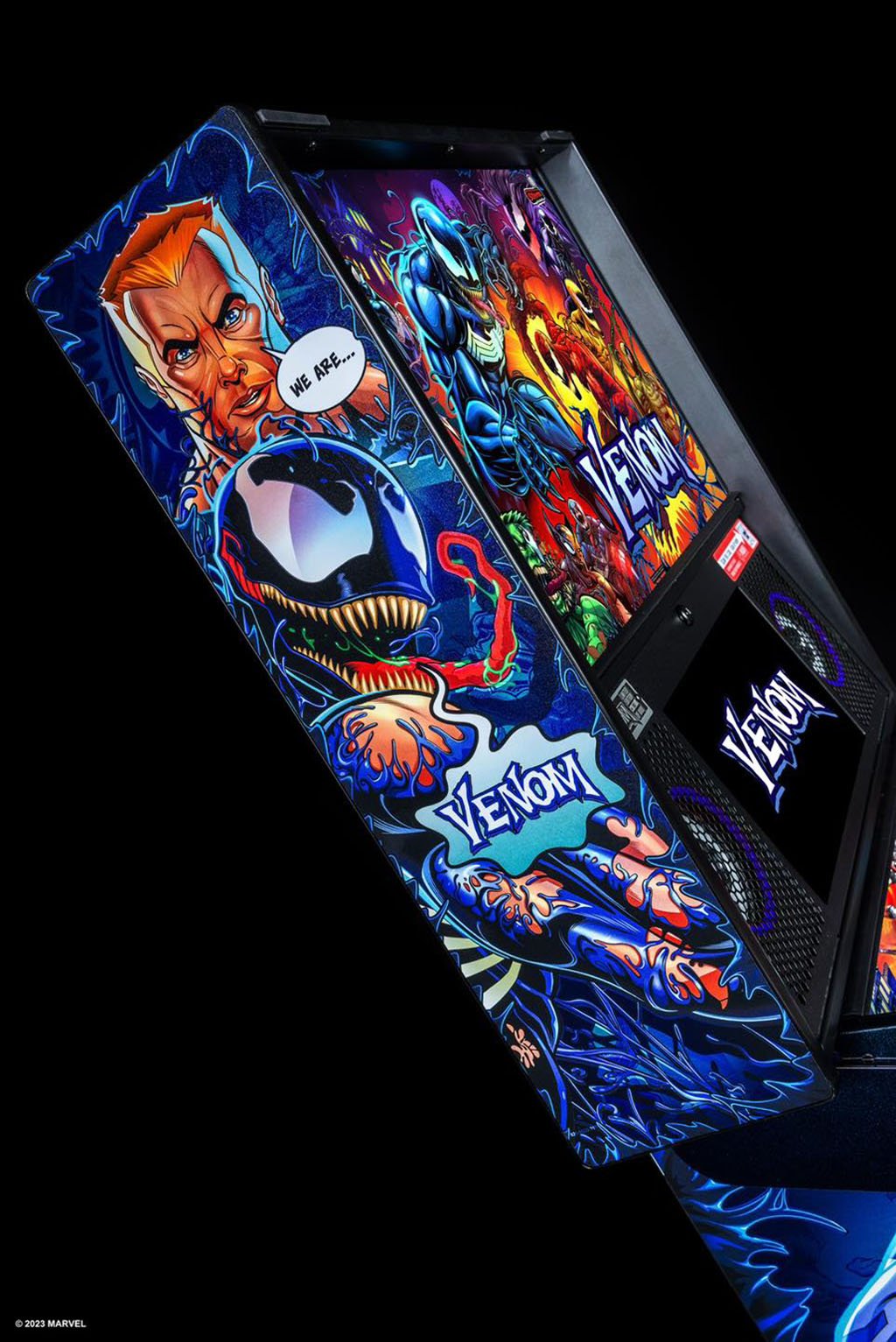 Colourful 'Venom' themed pinball machine with character designs on a black background