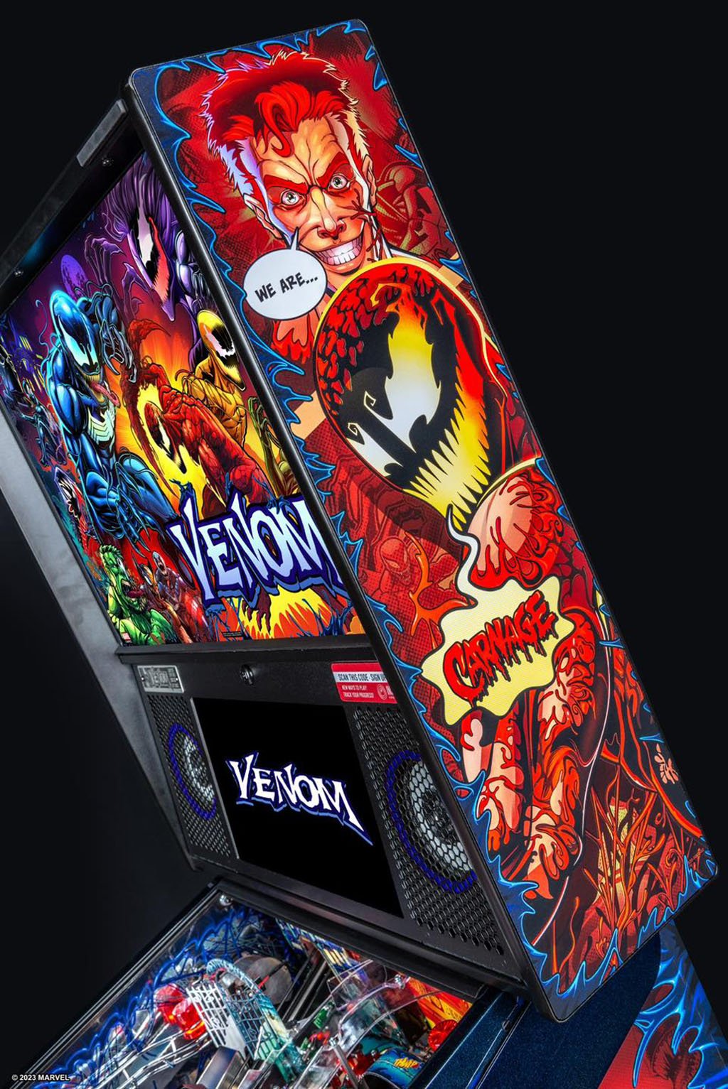 Pinball machine with 'Venom' theme featuring colourful artwork and character designs.