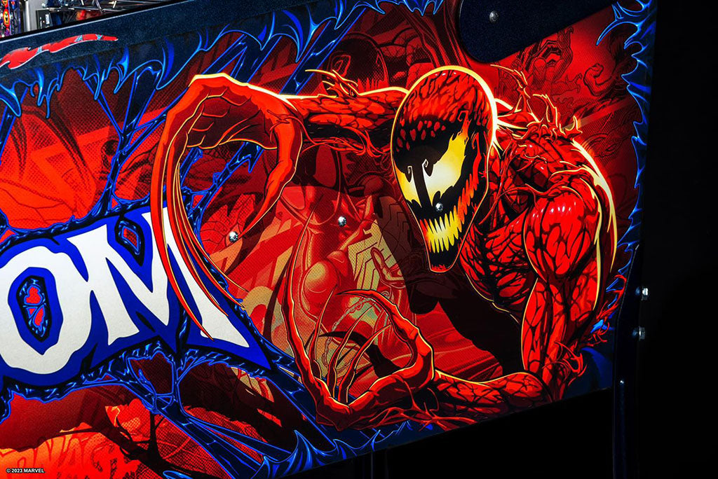 Marvel character Carnage with red and yellow design on a screen