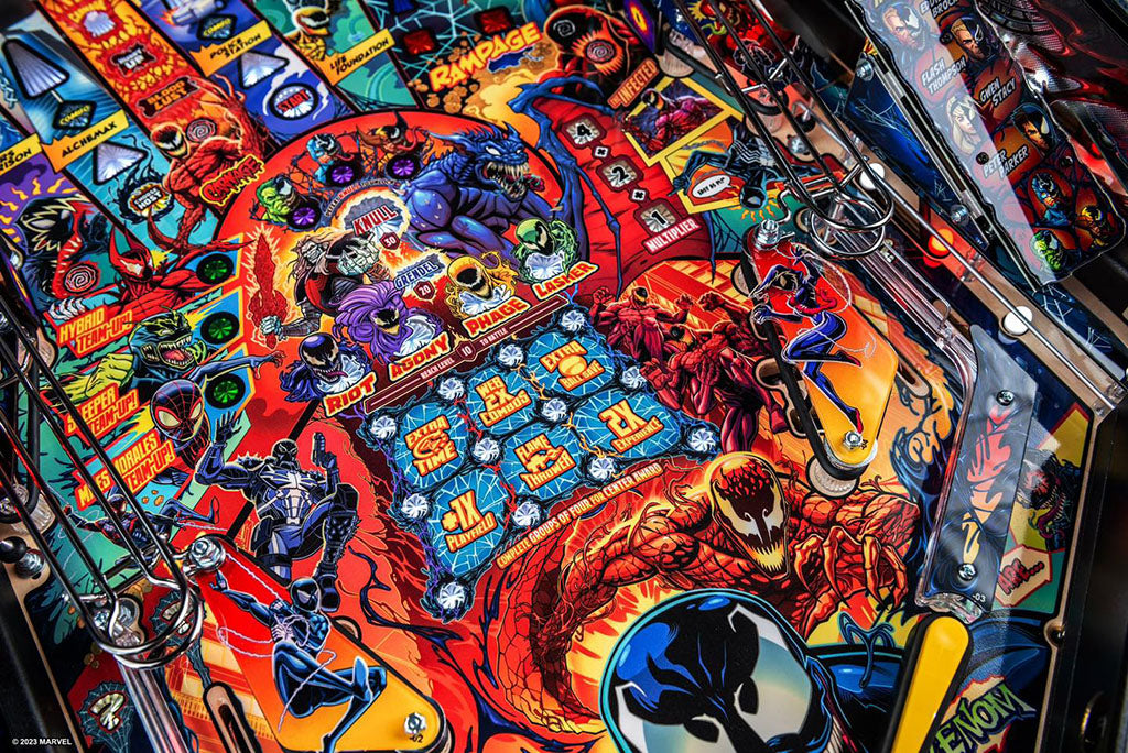 Colourful pinball machine with various Marvel characters and designs