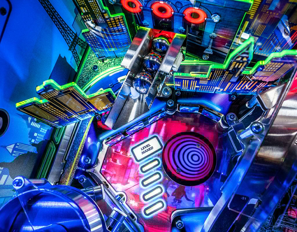 Close-up of a pinball machine with RGB lighting