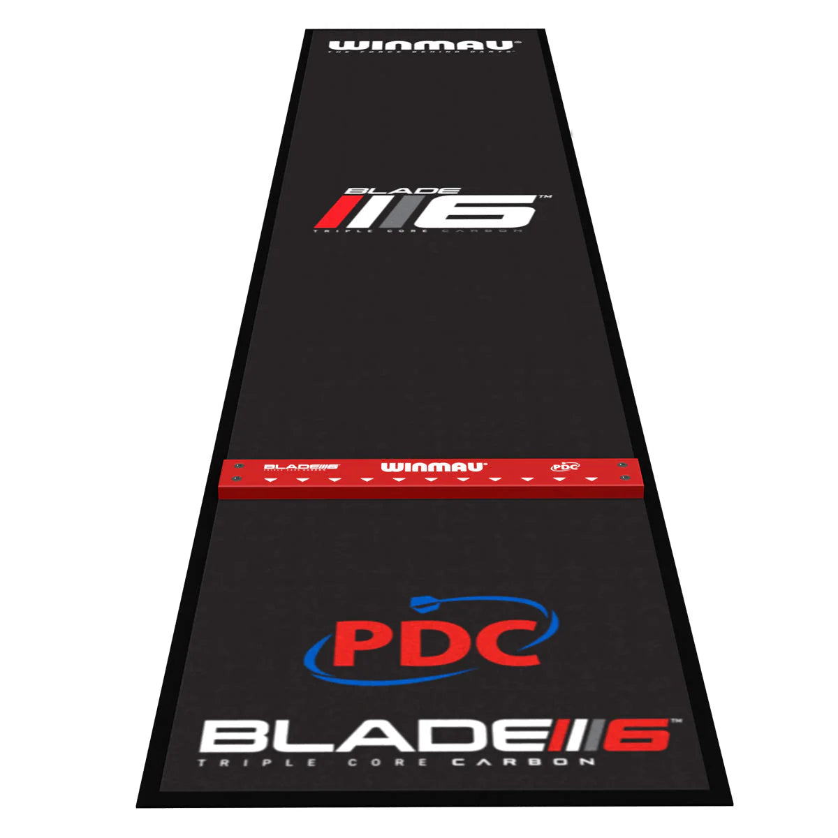 Darts mat and oche with Wimau, Blade 6, and PDC branding on a white background