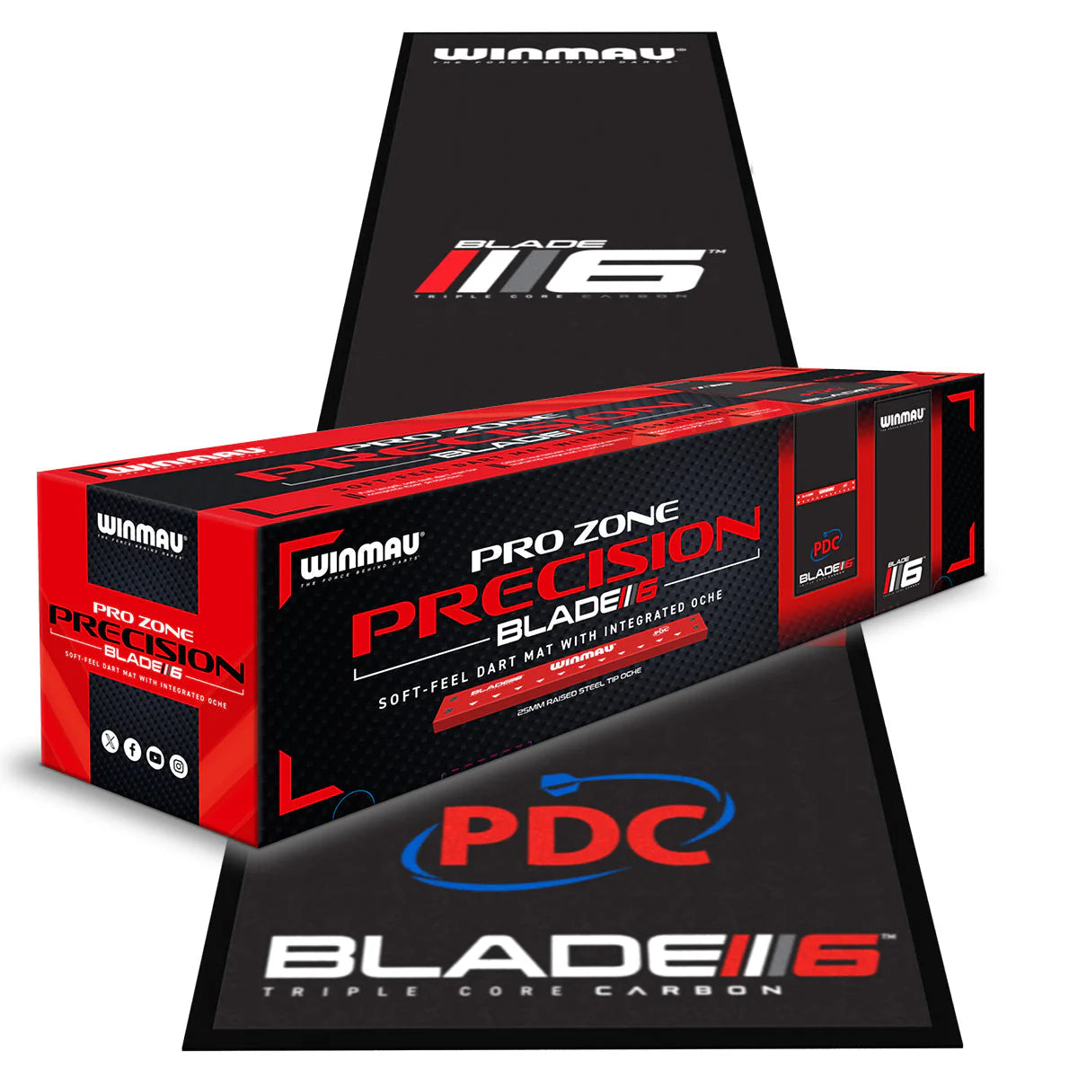 Winmau Pro Zone Precision Blade II dart packaging with branded mats in the background