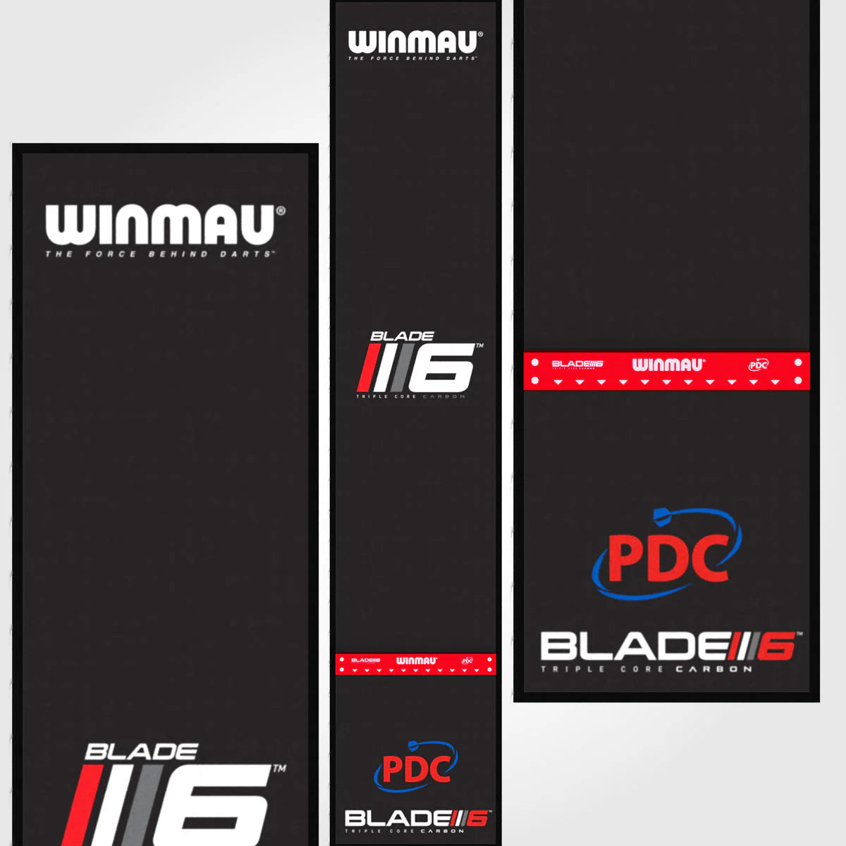 Three black banners with Winmau, Blade 6 and PDC branding on a white background.