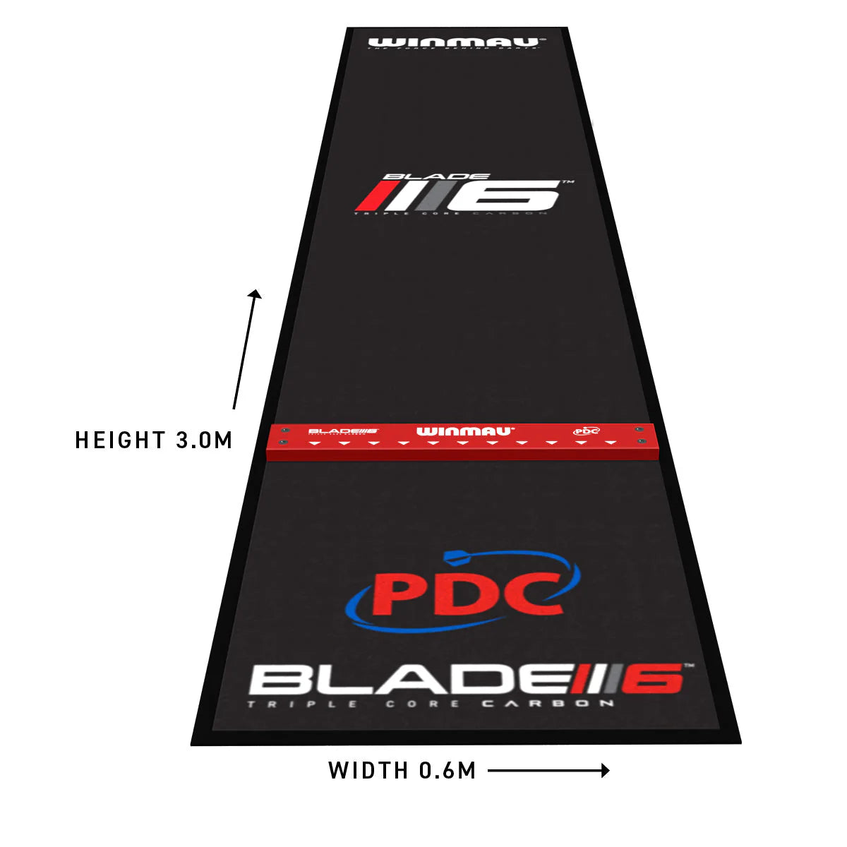 Dart mat and oche with multiple brand logos on a white background