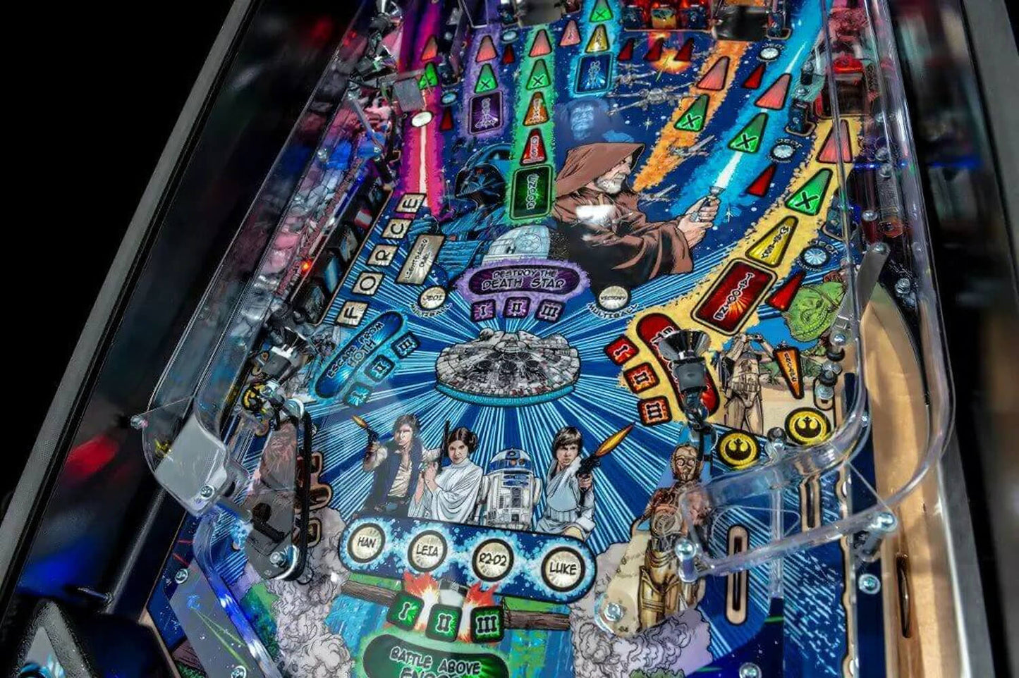 Pinball machine with colourful design and characters on a dark background