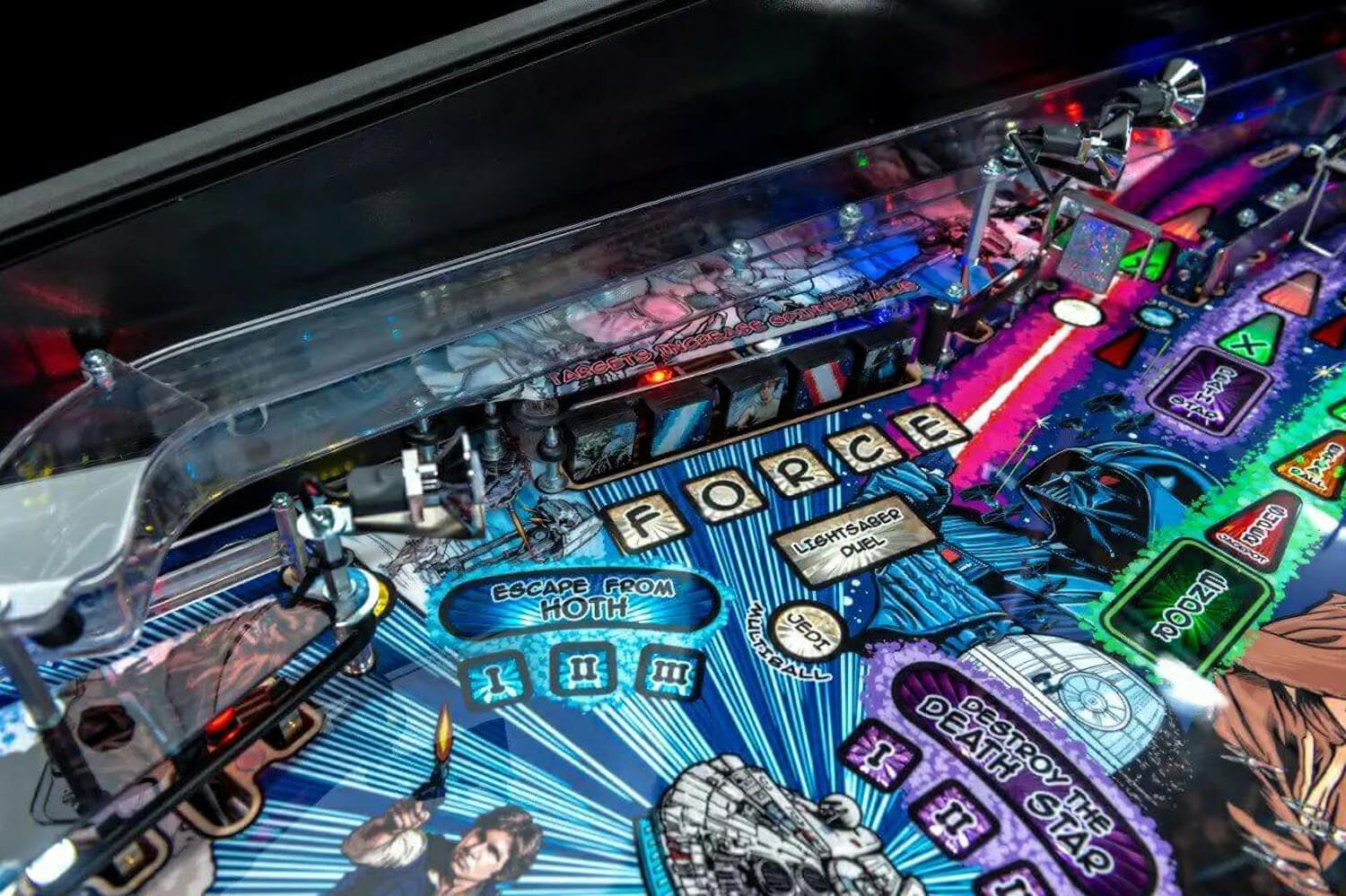 Close-up of a pinball machine with colourful design and text