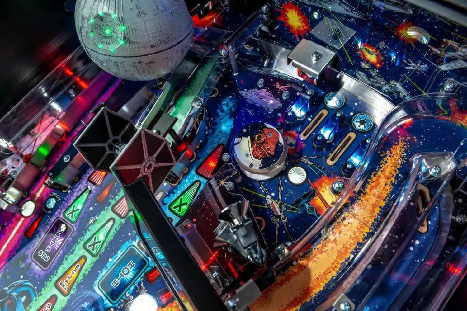 Close-up of a colourful pinball machine with various symbols and lights.