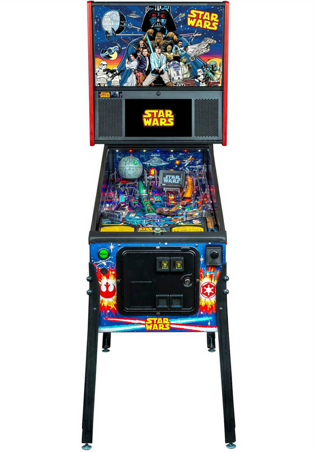 Star Wars pinball machine with colourful design and character images on a white background