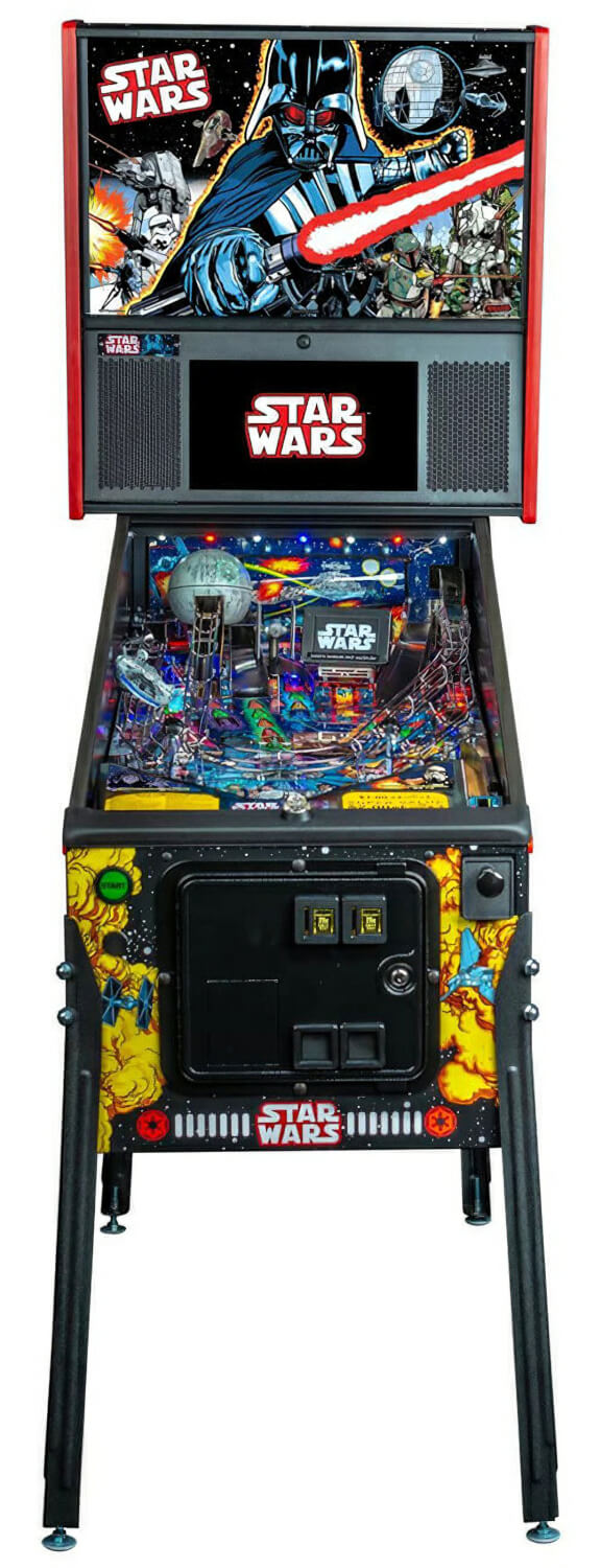 Star Wars pinball machine with colourful design and screen displaying 'Star Wars'.