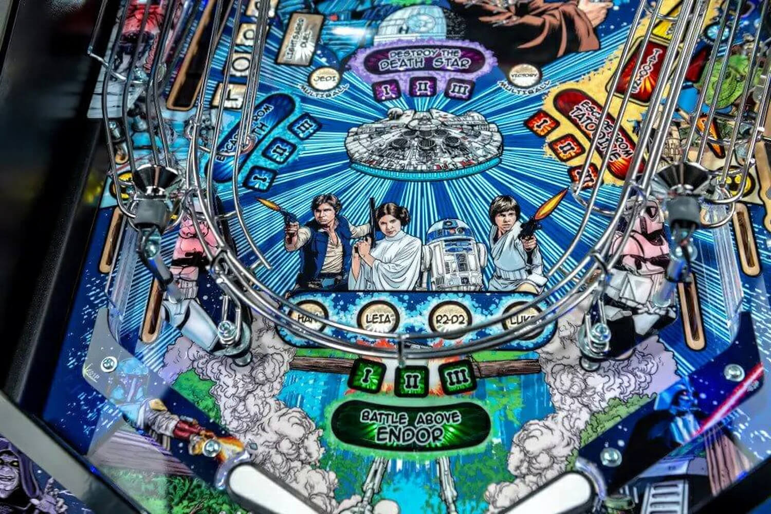 Pinball machine with Star Wars-themed artwork on a blue background