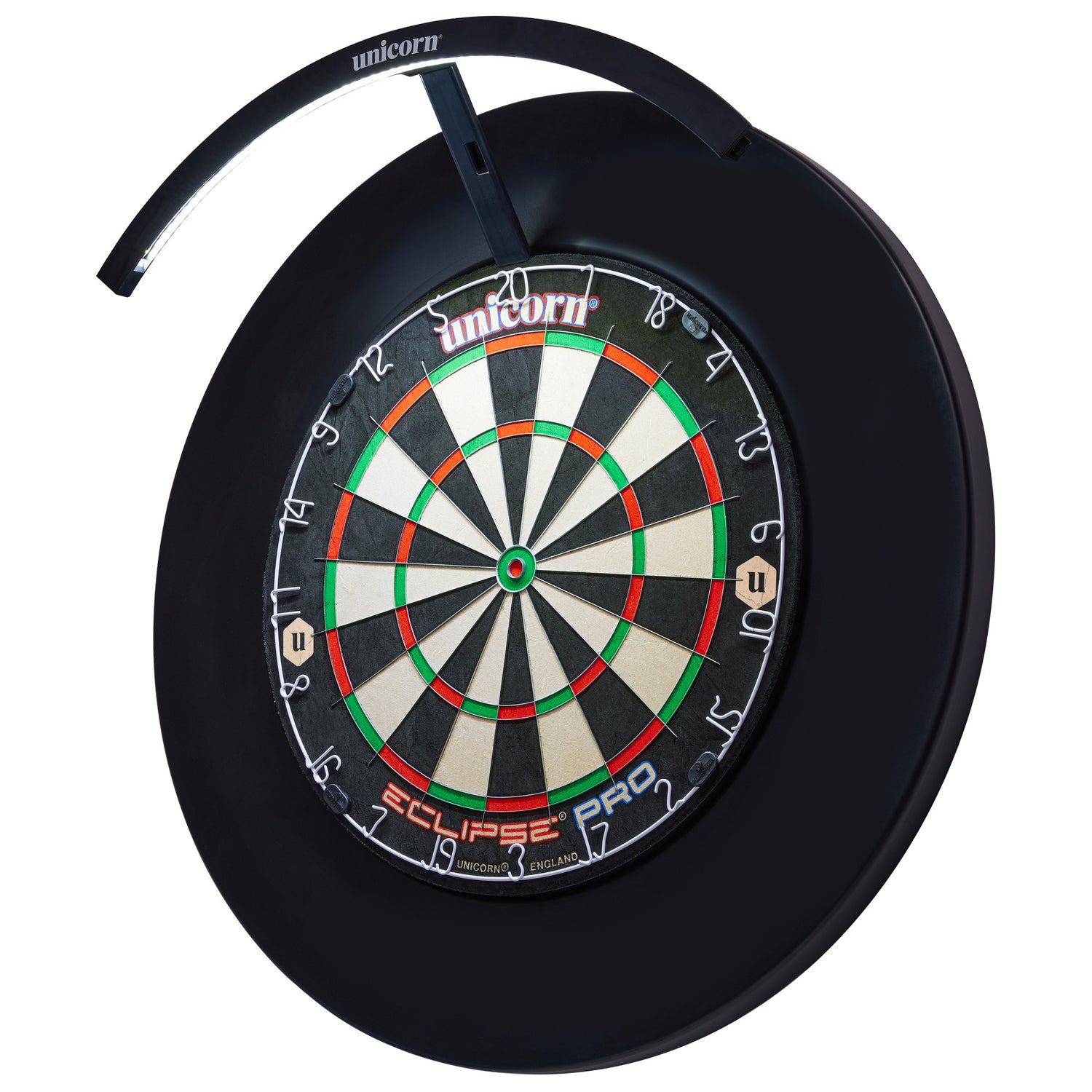 A dartboard with LED lighting system, featuring a black, green, white, and red color scheme, with the Unicorn brand logo visible at the top.