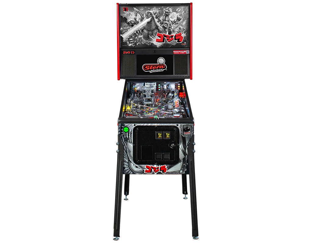 Pinball machine with a black and red design on a white background